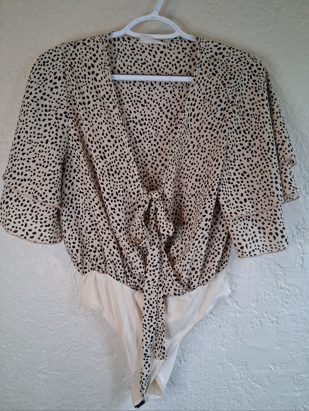 Altar'd State Cream and Black Polka Dot Tie-Front Bodysuit Sz M Animal Print